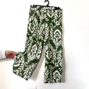 Christian Siriano Linen Bld Wide Leg Cropped Pants L Green Floral Coastal Resort